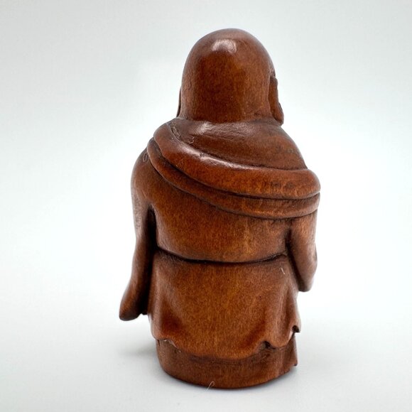 Ojime Bead Netsuke HandCarved Hotei Buddha Holding upHand Boxwood Signed No Hole - Picture 7 of 8